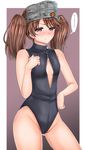  bad_id bad_pixiv_id brown_eyes brown_hair flat_chest front_zipper_swimsuit inu_(marukome) kantai_collection long_hair meme_attire one-piece_swimsuit ryuujou_(kantai_collection) swimsuit twintails visor_cap 