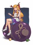 ankle_boots blonde_hair boots bow breasts chain crossed_legs cuffs cup gourd hair_bow highres horns ibuki_suika long_hair low-tied_long_hair non-web_source oversized_object red_eyes sakazuki shackles sitting skirt sleeveless small_breasts solo tim_loechner touhou twintails 
