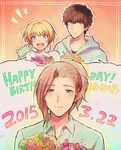  &gt;_&lt; 3boys alternate_hair_color beit birthday blonde_hair blue_eyes bouquet brown_eyes brown_hair character_name closed_eyes dated earrings flower happy_birthday hood hoodie idolmaster idolmaster_side-m jewelry kaerre male_focus multiple_boys open_mouth pierre_(idolmaster) ponytail shirt short_ponytail smile stuffed_animal stuffed_frog stuffed_toy takajou_kyouji tsukasa_(merrymore) watanabe_minori 