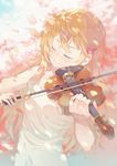  blonde_hair bow_(instrument) closed_eyes dress highres instrument long_hair luo. miyazono_kawori music petals playing_instrument shigatsu_wa_kimi_no_uso solo violin 