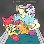  anon apple_bloom_(mlp) bed cute earth_pony english_text equine female feral friendship_is_magic horn horse human ichibangravity male mammal my_little_pony pegasus pony scootaloo_(mlp) sweetie_belle_(mlp) text unicorn wings 