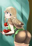  1girl apple artist_request ass blonde_hair blue_eyes blush braid breasts dragon&#039;s_crown dragon's_crown elf_(dragon&#039;s_crown) elf_(dragon's_crown) food fruit hood leaning leaning_forward long_hair looking_at_viewer open_mouth parted_lips pointy_ears shorts sideboob solo vanillaware 