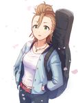  :o belt blue_jacket brown_hair cherry_blossoms collarbone denim earrings green_eyes guitar_case hair_between_eyes hands_in_pockets highres idolmaster idolmaster_cinderella_girls instrument_case jacket jeans jewelry kimura_natsuki machi-z necklace open_clothes open_jacket open_mouth pants petals quiff shirt short_hair solo white_shirt 
