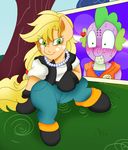  android_18 applejack_(mlp) blackbewhite2k7 crossover dragon_ball dragon_ball_z friendship_is_magic krillin my_little_pony spike 