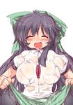  :d black_hair blush bow breasts closed_eyes hair_bow happy large_breasts long_hair muuba no_bra open_mouth puffy_short_sleeves puffy_sleeves reiuji_utsuho see-through short_sleeves skirt skirt_lift smile solo suggestive_fluid third_eye touhou very_long_hair wet 