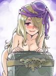  blonde_hair blush breasts cleavage hair_over_one_eye hat ishiyumi long_hair medium_breasts nude pandora_(p&amp;d) puzzle_&amp;_dragons red_eyes smile solo treasure_chest 