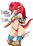  2018 animal_humanoid armor blush breasts clothed clothing dragon_half dragon_humanoid english_text female hair hajimesanemichi hi_res horn humanoid japanese_text legwear looking_at_viewer mink_(dragon_half) navel open_mouth open_smile red_eyes red_hair simple_background skimpy smile solo standing text thigh_highs unconvincing_armor white_background 
