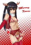  1girl ball_bra black_hair burakku-ra censored christmas cowboy_shot full-package_futanari futanari garter_belt garter_straps k-on! nakano_azusa nipples penis red_legwear reindeer_antlers ribs small_breasts solo thighhighs 