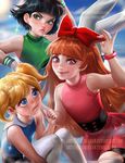  3girls artist_name black_hair blonde_hair blossom_(ppg) blue_eyes blue_sky blush bob_cut bow bracelet bubbles_(ppg) buttercup_(ppg) cartoon_network frown green_eyes jewelry long_hair looking_at_viewer multiple_girls nail_polish pout powerpuff_girls red_eyes sakimichan short_hair sky sleeveless smile sparkle sparkles thighhighs twintails watermark web_address wristband wristbands 