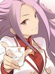  artist_name brown_eyes cup holding ice jun'you_(kantai_collection) kantai_collection lips long_hair looking_at_viewer magatama primary_stage purple_hair smile solo spiked_hair twitter_username 