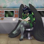  2015 4_toes anthro black_fur black_hair black_nose blue_hair canine clothed clothing female fur green_eyes green_fur hair legwear mammal map popcornpanic signature solo stockings toes uniform wings 