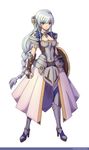  armor armored_boots blue_eyes blue_hair boots braid breastplate breasts cleavage clenched_hand dress grey_footwear highres long_hair medium_breasts original platform_footwear ponytail seraph_(ateliersera) shield solo standing thighhighs twin_braids very_long_hair watermark web_address 