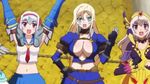  4girls animated animated_gif aqua_eyes blonde_hair blue_eyes blush breasts cleavage hairband large_breasts long_hair looking_at_viewer lowres midriff monster_hunter monster_hunter_mezeporta_kaitaku-ki multiple_girls navel open_mouth purple_eyes silver_hair small_breasts smile waving 