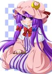  blush book bow capelet coat crescent dress eichi_yuu hair_ribbon hat highres long_hair long_sleeves mob_cap open_clothes open_coat open_mouth patchouli_knowledge purple_eyes purple_hair ribbon sitting solo striped striped_dress touhou tress_ribbon very_long_hair wide_sleeves 