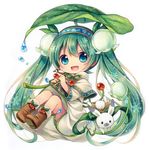  :3 :d ahoge blue_eyes blush boots bunny capelet chibi flower full_body green_hair hair_flower hair_ornament hairband hatsune_miku holding kagami_leo leaf long_hair no_nose open_mouth smile snow_fairy_story_(vocaloid) snowdrop_(flower) snowflakes twintails very_long_hair vocaloid white_background yuki_miku yukine_(vocaloid) 