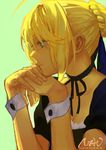  2015 absurdres ahoge artist_name artoria_pendragon_(all) blonde_hair braid chin_rest choker dated fate/stay_night fate_(series) hair_bun hair_ribbon highres nao_(530116504) profile ribbon ribbon_choker saber signature solo wrist_cuffs 