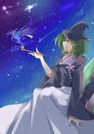  abe_no_kiyohime absurdres bad_anatomy flower ghost_tail green_eyes green_hair hat highres japanese_clothes kariginu last_(sketchlast) long_skirt night night_sky open_mouth original riverbed_soul_saver sitting skirt sky smile touhou 