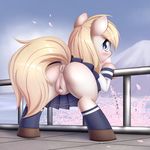  anus aryanne aryanne_(character) blonde_hair blush clitoris clothing dress equine fan_character female fur hair horse looking_back mammal my_little_pony open_mouth outside pony presenting pussy white_fur 