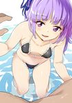  1girl aikatsu! aikatsu!_(series) bikini black_bikini breasts hair_ribbon hikami_sumire noripachi purple_eyes purple_hair ribbon short_hair small_breasts smile solo_focus swimsuit water 