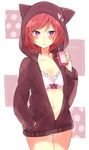  animal_hood bangs blush bra breasts cat_hood character_name drink drinking_straw frilled_bra frills frown hand_in_pocket highres hood hoodie juice_box kakizato long_sleeves looking_at_viewer love_live! love_live!_school_idol_project medium_breasts navel nishikino_maki panties purple_eyes red_hair short_hair solo standing underwear unzipped 