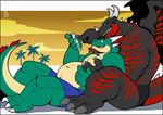  arkanian beach beard biceps chubby clothed clothing dragon duo facial_hair goatee half-dressed horn laggio lying male male/male musclegut muscles on_back outside scalie seaside seated takataka topless wings 