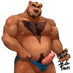  balls bear beard biceps bin_(artist) chest_tuft chubby clothed clothing cum cum_on_hand cum_on_self erection facial_hair fur half-dressed humanoid_penis licking licking_lips male mammal musclegut muscles pecs penis pubes skimpy solo speedo standing swimsuit tongue tongue_out topless tuft uncut 