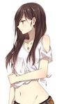 bare_arms black_hair blush brown_hair collarbone highres jewelry long_hair looking_away midriff navel necklace original simple_background solo yamasuta 