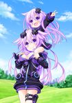  :d adult_neptune blush breasts carrying_over_shoulder cleavage hair_ornament lavender_hair long_hair medium_breasts multiple_girls nepgear neptune_(series) open_mouth purple_eyes shin_jigen_game_neptune_vii smile taka_(suigendou) v younger 