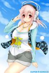  blush breasts cleavage headphones highres large_breasts long_hair looking_at_viewer nitroplus pink_hair pom_pom_(clothes) red_eyes smile solo super_sonico yuguran_(specs) 