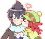  1girl ako_(ako0905) alain_(pokemon) blue_eyes blush cheek_kiss closed_eyes hat hetero kiss long_hair manon_(pokemon) pokemon pokemon_(anime) purple_hair red_hair short_hair 