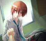  1girl brown_hair food holding_hands little_busters! mouth_hold nashihako natsume_kyousuke out_of_frame pocky pov pov_hands red_eyes school_uniform short_hair solo_focus window 