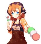  :t apron bandana blue_eyes dango eating food kousaka_honoka looking_at_viewer love_live! love_live!_school_idol_festival love_live!_school_idol_project natsuki_shuri orange_hair sanshoku_dango short_hair simple_background skewer solo star wagashi white_background 