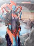 2015 anthro big_breasts breasts clothing deoxys female grass half-closed_eyes hot_spring house humanoid legendary_pok&eacute;mon looking_at_viewer lysergide navel nintendo nipples pok&eacute;mon pussy rock solo standing stool video_games water 