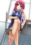  backlighting barefoot blue_eyes blush chair classroom crossed_legs desk feet from_below grisaia_(series) grisaia_no_kajitsu hand_on_own_knee head_tilt highres jakelian long_hair long_legs pink_hair pov_feet school_desk school_uniform sitting smile soles solo suou_amane toes 