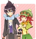  1girl ako_(ako0905) alain_(pokemon) arm_hug blue_eyes blush brown_eyes hat heart long_hair manon_(pokemon) pokemon pokemon_(anime) purple_hair red_hair short_hair smile 