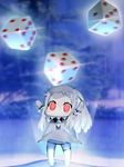  ahoge arms_up canzhajiang chibi covered_mouth dice dress horns kantai_collection long_hair md5_mismatch mittens northern_ocean_hime red_eyes shinkaisei-kan solo white_dress white_hair white_skin 