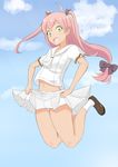  ahoge blue_sky character_request cloud day fangs flat_chest jumping long_hair low-tied_long_hair mai_ball! navel nitou_inko open_mouth panties pantyshot pink_hair pleated_skirt school_uniform serafuku skirt sky socks solo striped striped_panties two_side_up underwear 