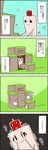  apple apple_on_head box comic commentary covering_eyes dust_cloud food food_on_head fruit fruit_on_head highres minecraft no_humans object_on_head sign smile tani_takeshi tani_takeshi_(character) translated trembling yukkuri_shiteitte_ne 