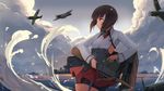  aircraft airplane bike_shorts bow_(weapon) brown_eyes brown_hair cloud crossbow headgear kantai_collection short_hair solo taihou_(kantai_collection) weapon yingji_(zszero) 