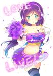  1girl :p bare_shoulders blush breasts cheerleader cleavage female gloves green_eyes headphones jpeg_artifacts kakizato looking_at_viewer love_live!_school_idol_project md5_mismatch microphone midriff navel purple_hair resized skirt smile solo thighhighs tongue tongue_out toujou_nozomi twintails 