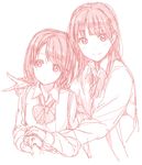  blush hand_on_another's_shoulder holding_hands kirisawa_saki multiple_girls original school_uniform sketch v 
