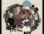  blue_hair character_name cowboy_shot gloves ichigo_hitofuri katana male_focus military military_uniform sheath sheathed solo sword touken_ranbu uniform unsheathing weapon white_gloves yagasuri yellow_eyes yuuna_minato 