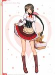  basket black_hair boots braid bread breasts cleavage dress food full_body hair_ornament hair_ribbon highres knee_boots legs long_hair long_legs looking_at_viewer medium_breasts neris_(shining_hearts) petticoat red_ribbon ribbon shining_(series) shining_hearts simple_background single_braid skirt_hold smile solo tanaka_takayuki very_long_hair 