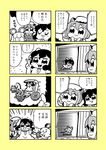  4koma :3 animal_ears bkub bow bowtie boxing_gloves bunny_ears carrot cat_ears cat_tail chen comic earrings full_nelson greyscale hair_over_eyes halftone hat highres inaba_tewi jewelry mob_cap monochrome mouse_ears mouse_tail multiple_4koma multiple_girls nazrin pendant pointing pointing_up rickshaw sparkle spoken_object spoken_person sweat tail touhou translated 