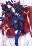  1girl artist_request bed blue_eyes blue_hair collar fire_emblem fire_emblem:_kakusei lucina on_back open sawa_nao sheath small_breasts solo sword toeless_legwear undone 