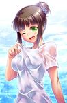  ;d black_hair green_eyes hair_bun hamaguchi_ayame idolmaster idolmaster_cinderella_girls one_eye_closed ono_misao open_mouth see-through shirt smile solo wet wet_clothes wet_shirt white_shirt 