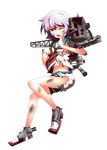 blush damaged fang full_body kantai_collection machinery official_art one_eye_closed open_mouth purple_hair red_eyes school_uniform serafuku short_hair short_sleeves shorts solo tama_(kantai_collection) torn_clothes transparent_background turret ugume 