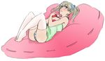  bare_shoulders bean_bag_chair bed blush box camisole colorized crossed_arms green_eyes heart heart-shaped_box heart-shaped_pupils highres holding holding_box knees_apart_feet_together light_brown_hair lying maka_albarn no_shoes on_back panties pillow ribbon scrunchie solo soul_eater striped striped_panties symbol-shaped_pupils thighhighs twintails underwear white_background white_legwear 