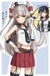  agano_(kantai_collection) agano_(kantai_collection)_(cosplay) amatsukaze_(kantai_collection) anchor_symbol bare_shoulders black_hair blue_eyes blush breast_conscious brown_eyes choker clenched_hand cosplay crop_top emphasis_lines garter_straps gloves hand_on_belt headgear highres kantai_collection long_hair midriff multiple_girls neckerchief pleated_skirt rabochicken red_skirt sailor_collar school_uniform serafuku shirt silver_hair skirt sleeveless sleeveless_shirt sweat thighhighs translation_request two_side_up v v_over_eye wavy_mouth white_gloves 