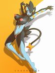  2015 abstract_background anthro blue_eyes breasts feline female fur looking_at_viewer luxray lysergide mammal navel nintendo nipples nude open_mouth pok&eacute;mon pubes pussy shadow smile solo teeth tongue video_games 